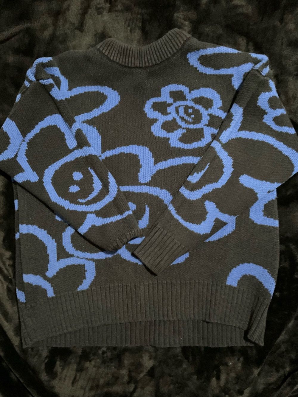 Forever 21 Black Crewneck Sweater with Blue Floral & Smile Graphics